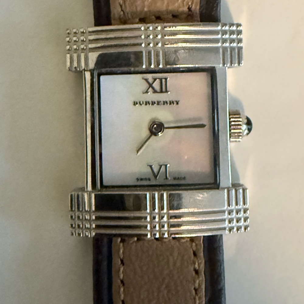 Burberry Silver and Tan Square Watch